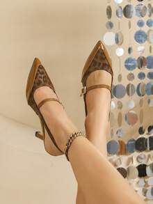 Women's Pointed Toe High Heel Leopard Print Buckle Dress Shoes, Suitable For Commuting And Party, All Seasons - Brown - View 4