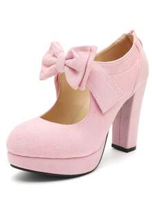 MAIERNISI JESSI Womens Bow Heels Mary Jane Shoes Round Toe Platform Chunky High Heel Vintage Dress Pumps - 粉紅色絨面 - 查看 11