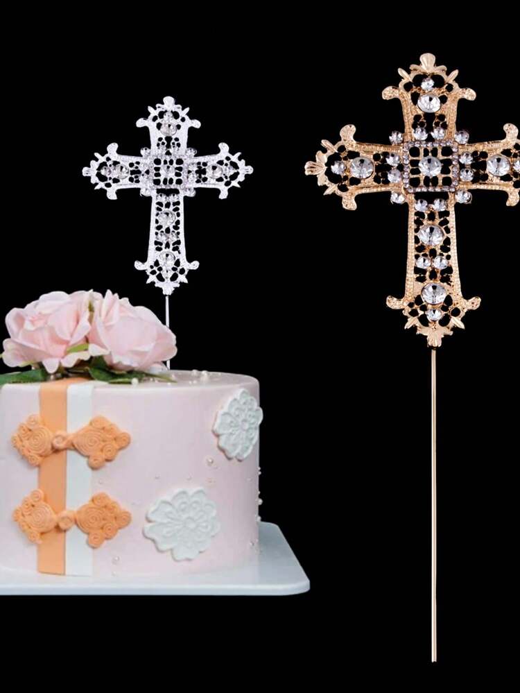 1 Piece, Elegant Cross Cake Topper, Gold And Silver Two-Tone Openwork Cake Decoration, Suitable For Birthday And Easter Celebrations. - Multicolor - View 2