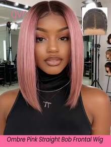 QVR QUEEN VIRGIN REMY QVR Ombre Pink Bob Lace Front Wigs Human Hair Straight Bob Transparent Lace Frontal Wig Pre Plucked With Baby Hair Closure Bob Wig Glueless - S4/PINK - View 1