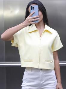 女士短款夹克，短袖飞行员夹克，黑/白/棕色拉链夹克，春/夏/秋季 - 黃色 - 查看 3