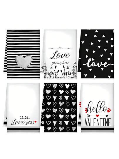 6pcs/Set Valentine's Day Kitchen Towel Set, Unique Valentine's Gift With "LOVE YOU" And "HELLO VALENTINE" Designs, Heart-Shaped Bath Towel, Decorative Tea Towel, Dish Towel, Valentine's Day Kitchen Decor, Holiday Decoration, Housewarming Gift, Home Decor, Holiday Decoration, Heart Design, Decorative Towel