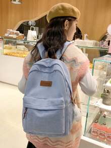 Mochila minimalista de gran capacidad para mujer de unicolor, mochila funcional de pana con parche de letra, de gran capacidad, ligera y portátil, perfecta para adolescentes, mujeres, estudi - Azul - Ver 8
