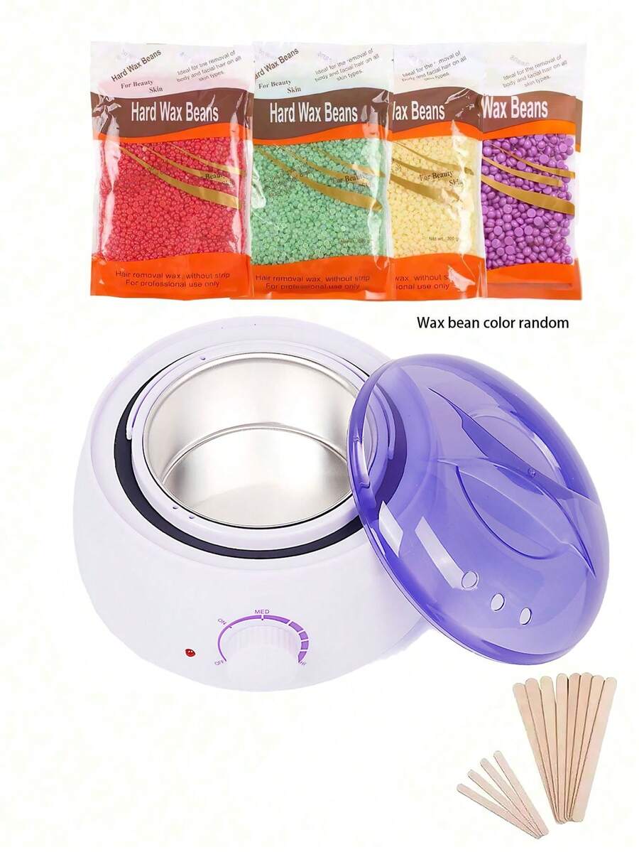 1 Set Calentador de cera Epilator, Adecuado para manos, pies y Body SPA, Incluye olla de cera + frijoles de cera + palitos de madera (color aleatorio de frijoles de cera) - Negro - Ver 1