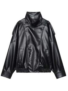 女士PU皮夹克，拉链闭合，长袖，飞行员夹克，秋冬外套 - 黑色 - 查看 3