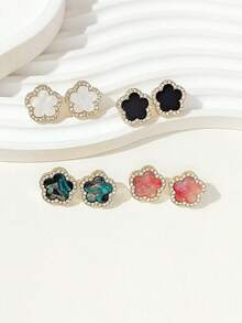 4 Pairs (Large 1.5cm) Fashionable Luxury Sparkling Clover Earrings Set, Versatile Daily Wear Earrings For Women - Multi-colored Rhinestones - View 6