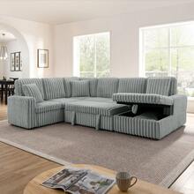 YOGLAD Corduroy Striped Upholstered U-Shaped Sectional Sofa Couch, Modern Minimalist Pull-Out Sleeper Sofa Bed With Storage Chaise, Deep Seat Soft Cushion Couch For Living Room, Apartment - 灰色 - 查看 10