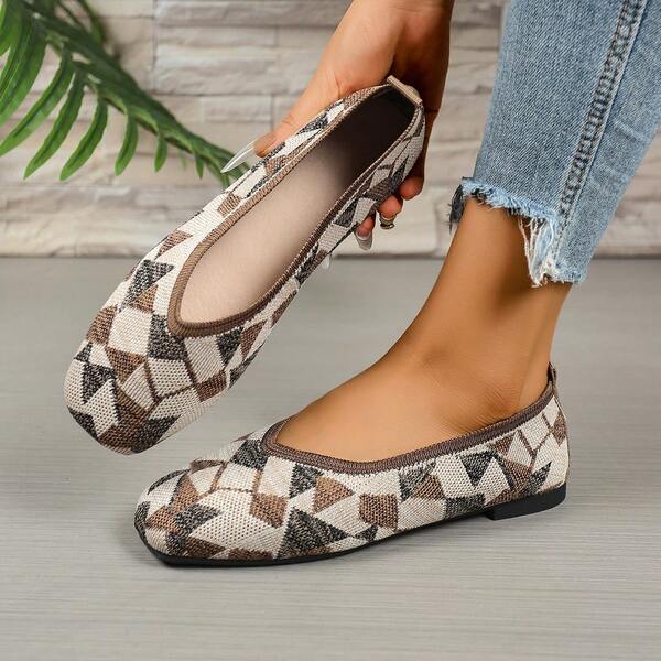 Women's Princess Shoes, Colorblock Geometric Pattern Square Toe Knitted Woven Shoes, Women's Low Vamp Comfortable Breathable Loafers