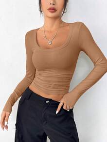 PRETTYGARDEN Women Spring And Fall Long Sleeve Shirts Clothes Cute Going Out Tops Ribbed Tight Fitted Plain Basic Tee Tshirts Vacation Outfits For Women - 淺駝色 - 查看 3