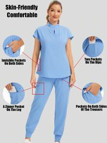 Women's V-Neck Pocket Top And Sports Pants Set, Stretchy Care Uniform Set, Work Uniform, Multi-Pocket Design - Baby Blue - View 4