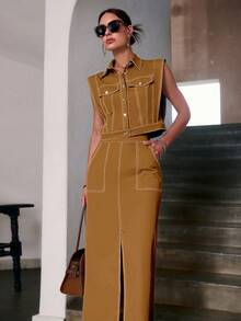 Sollinarry 女士秋季新款无袖上衣和长裙休闲两件套，适合度假、音乐节、时尚通勤等夏季穿着。 - 棕色 - 查看 3