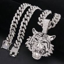 1PC Fashion Pop Punk Rock Full Rhinestone Tiger Head Pendant Hip Hop Style Necklace Ornament Men's - 金老虎頭吊墜項鍊 - 查看 2