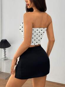 Top court à épaules dénudées à pois pour femmes, en tissu maille froncé, ourlet moulant sans manches, mode d'été - Noir et Blanc - Voir 8