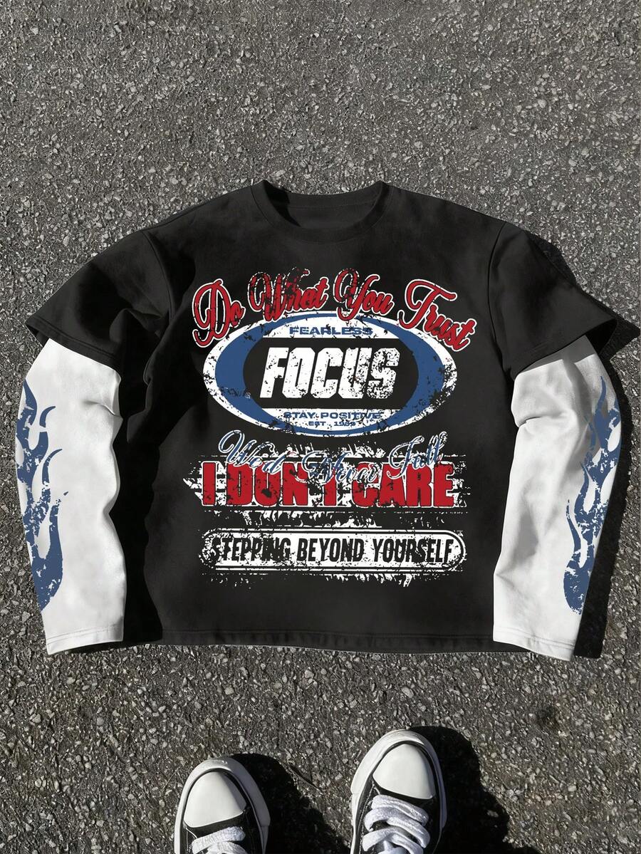 1件男士秋冬赛车元素印花黑白拼接长袖T恤 - 彩色 - 查看 1