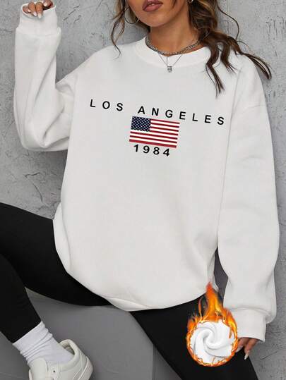 Women's Velvet Round Neck Sweatshirt, Sporty Style, Featuring The American Flag Pattern. Suitable For Gatherings, Sports, Outdoor Leisure And Other Scenarios, This Is The Autumn And Winter Version