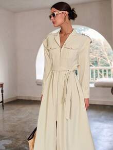 Women's Autumn New Fashion Lapel Zipper Front Long Sleeve Dress, Fashion Utility Dress, Suitable For Commuting, Work, Vacation, Weekend Outings - Apricot - View 2
