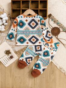 Ramadan Traditional Set, Boys Graphic Pattern Crew Neck Long Sleeve Top And Elastic Waist Pants 2 Pieces Outfit, Suitable For Infant Daily Casual Wear