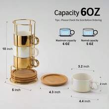 LUKA Taza de café expreso de porcelana con platillos y soporte de metal tazas pequeñas de cerámica de 177 ml apilables para expreso y capuchino juego de tazas para café con leche café café moca - dorado - Ver 2