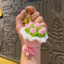 1个/2个手工钩编玫瑰花钥匙扣，DIY小饰品花束收纳架，创意生日礼物，仿真花包挂饰 - 彩色 - 查看 3