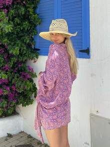 Women's Casual Bohemian Style Elegant 2-Piece Set, Shirt Collar Top Paired With Tie-Up Midi Skirt, Suitable For Summer Vacation And Beach Outfit - Lilac Purple - View 5