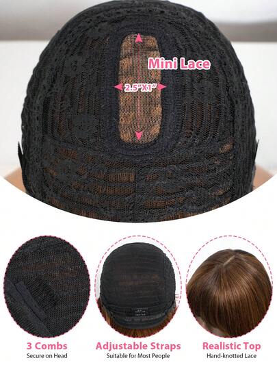 QVR QUEEN VIRGIN REMY Peluca con flequillo de onda recta de color marrón mezclado, peluca de flequillo de bob con encaje mini, lista para usar con clip, sin necesidad de pegamento, adecuada para principiantes