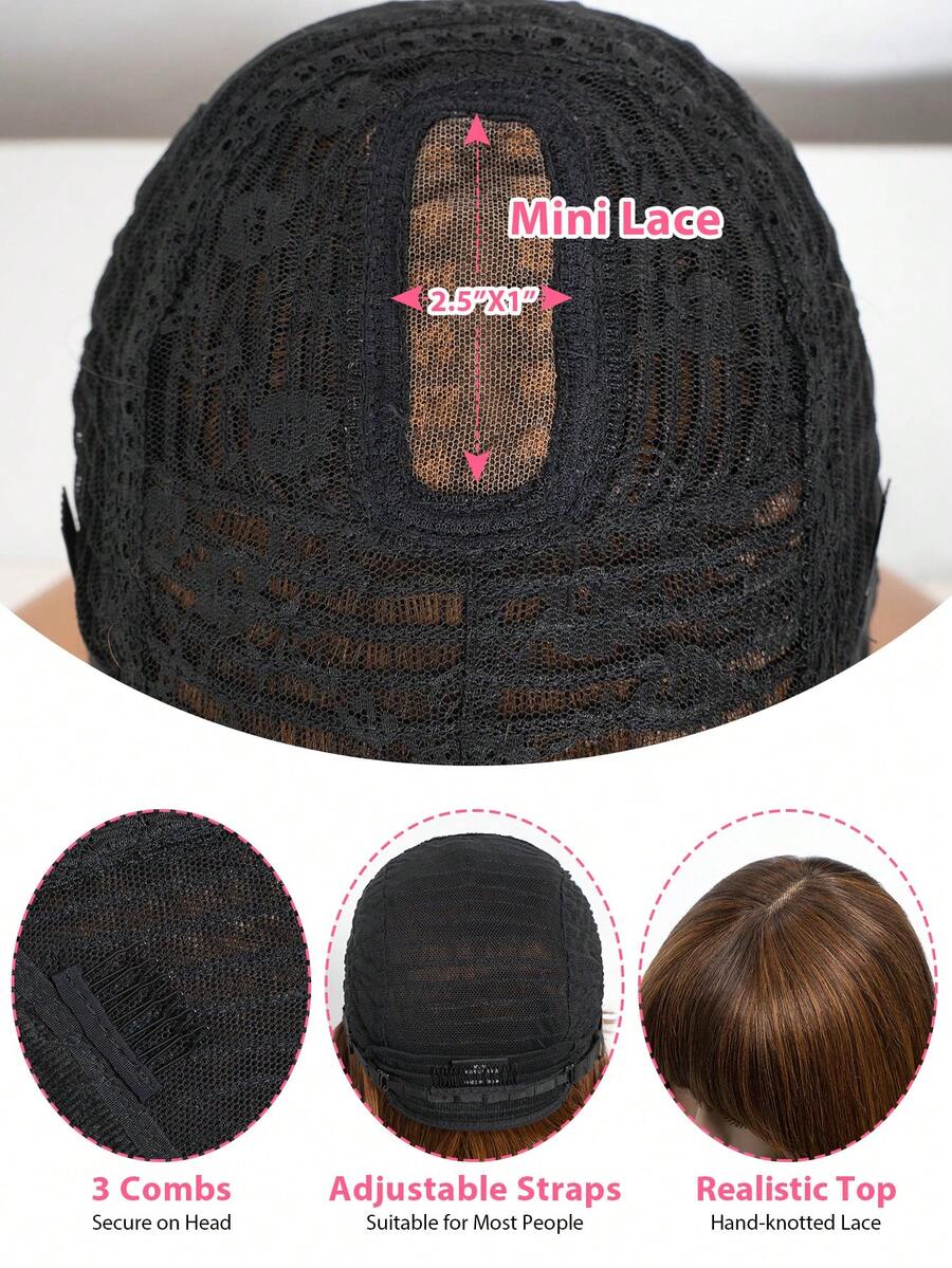 QVR QUEEN VIRGIN REMY QVR Brown Mixed Color Straight Wave Bobbed Wig With Bangs, Mini Lace Bobbed Bangs Wig, Clip-In And Ready To Wear, No Glue Needed, Suitable For Beginners