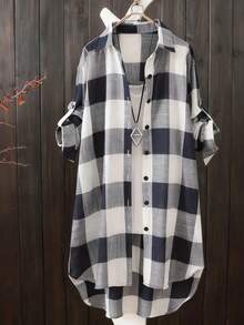 休闲女式不对称长款衬衫，格子图案，前短后长下摆