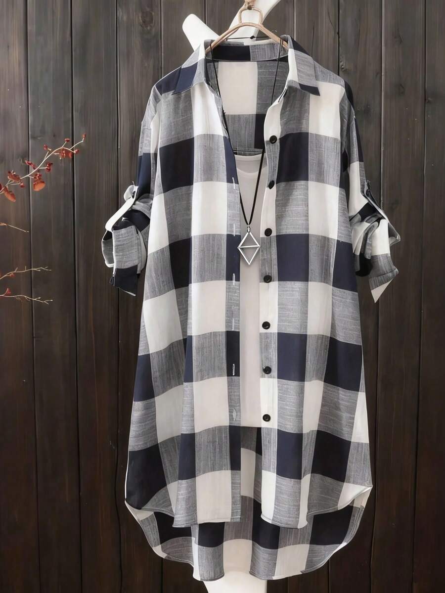 休闲女式不对称长款衬衫，格子图案，前短后长下摆