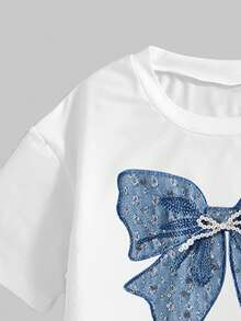 少女蝴蝶印花长袖上衣和工装裤套装 - 白色 - 查看 3