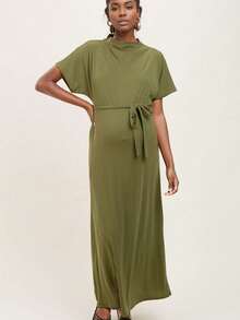 Maternity Elegant Casual Solid Color Knit Fabric Belt Short Sleeve Formal Evening Dress, Spring/Summer - Army Green - View 7