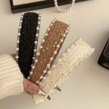 法式复古针织宽檐珍珠发箍，优雅高冠压力发箍，奢华发饰 - 黑色+白色+卡色 - 查看 2