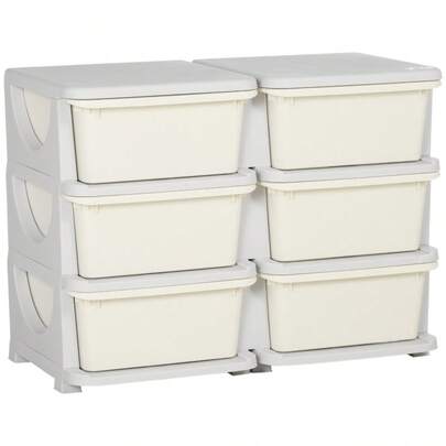 HOMCOM Plastic Storage Box, 6 Drawers, Toy Organizer, Small Drawer Cabinet For Kids, Cream White