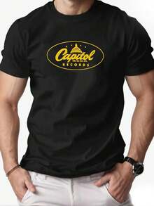 Camiseta Casual para Hombre con Logo de Capitol Records - Cuello Redondo, Ajuste Regular, Ligera Elasticidad, Tejido de Punto, 180g/m² - Camiseta de Color Sólido de Verano para Adultos - Negro - Ver 8