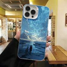 Cubierta de telefono con diseño de paisaje invernal azul con ciervo y figura humana para iPhone 14 Pro Max protector resistente a golpes con estampado artístico ideal para uso diario en cafeterías y exteriores - Negro - Ver 3