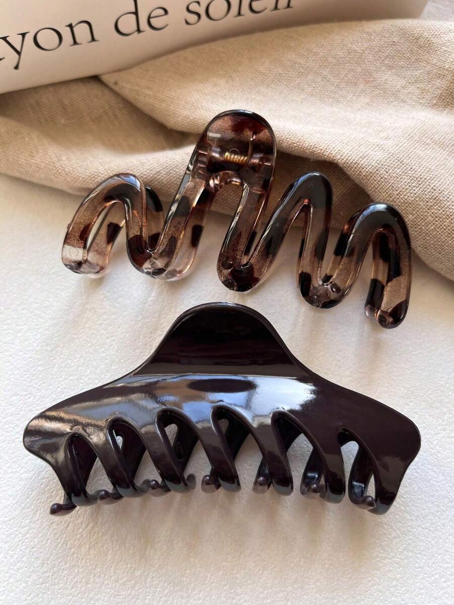 2个/1个 女士 4.25英寸/10.8厘米 棕色玳瑁波浪形塑料爪发夹，时尚百搭高端优雅简约纯色发爪，适合日常、休闲、派对、海滩、发型设计、化妆、配饰 时尚发饰 女士头巾 冬季发饰 优雅爪夹 夏季度假发夹 - 彩色 - 查看 1