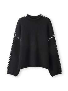 Women's Loose Handmade Color Block Drawstring Knit Sweater, Minimalist & Fashionable, Elegant Women's Apparel, Suitable For Everyday Wear, Autumn/Winter - Black - View 8