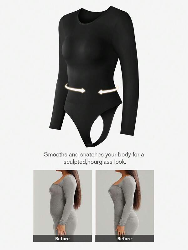 1 قطعة جمبسوت نسائية سوداء بياقة مستديرة بأكمام طويلة، جمبسوت ملابس داخلية مشكلة للجسم، مدربة الخصر، مشكل الجسم