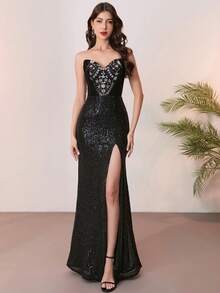 Đầm dạ hội màu đen cổ chữ V, xếp tầng, đính sequin và thêu, kiểu đuôi cá, xẻ tà. - màu đen - Xem 3