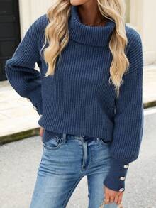 女士宽松高领毛衣，休闲正式罗纹针织纽扣长袖套头衫 - 霧霾藍 - 查看 3