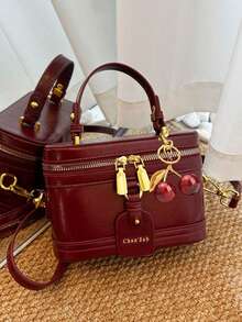 Niche Design Fashion Handbag, Retro Exquisite Elegant Elegant Versatile Crossbody Bag, Personalized Bell Pendant Ladies Box Bag, Suitable For Work Commute, Dates, Shopping, Parties And Other Occasions - Burgundy - View 6