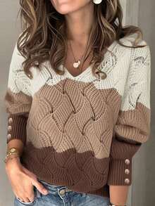 Women's Casual V-Neck Contrast Color Long Sleeve Sweater, Nutmeg Color, Autumn/Winter - Coffee Brown - View 4