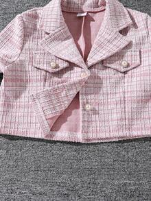 女童优雅甜美粉色条纹长袖外套和吊带连衣裙套装，适合宴会和派对，春秋季穿着 - 粉色 - 查看 5