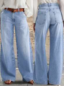 Petite Women Distressed Elastic Wide Leg Straight Jeans, Versatile Casual Pants - Baby Blue - View 1