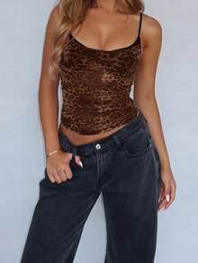 Onicee 女士夏季性感豹纹透视吊带背心，适合情人节、约会、聚会、派对、旅行、度假、海滩等场合。 - 棕色 - 查看 1