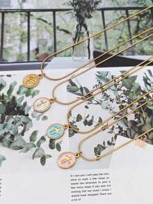 1pc 18K Gold Plated Stainless Steel Oil Drop Round Cross Pendant Necklace, Vintage French Minimalist Elegant Jewelry, Sweater/Choker Chain - Multicolor - View 1