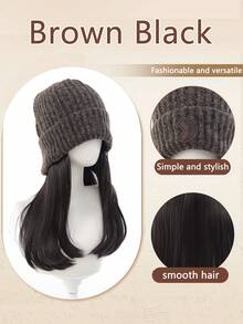 Synthetic Hat Wig Knitted Hat Wig, Hat Hair Extension Straight Hair Grey Hat Wig With Attached Synthetic Hairpiece For Women Girls Winter -Cold Brown Brown Black - Multicolor - View 9