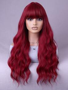1 Piece Curly Synthetic Hair Wig With Bangs, Burgundy Long Wavy Heat Resistant Fiber Wig For Girls' Parties Or Daily Use - Multicolor - View 4