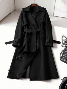 Women's Versatile Elegant Autumn/Winter Trench Coat, Fashionable Commuter Casual Long Trench Coat, British Style Midi Coat - Black - View 2