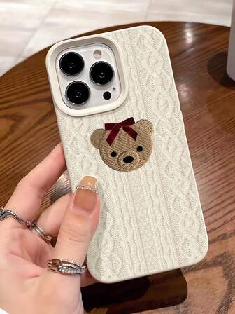 1 pieza Funda de teléfono con borde recto, diseño artístico y elegante de oso, color blanco lechoso, compatible con iPhone 16/16Pro/16Plus/15/15ProMax/15Pro/11/12/13/14ProMax/11Pro/11ProMax/12Pro/12ProMax/13Pro/13ProMax/14Pro/14ProMax, carcasa suave, diseño creativo de alta gama