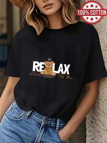 1PC 100% Cotton Just Relax Teddy Bear Graphic Print Casual Women's Short Sleeve TShirt Top , Relaxed Fit and Comfortable . - Negro - Ver 1